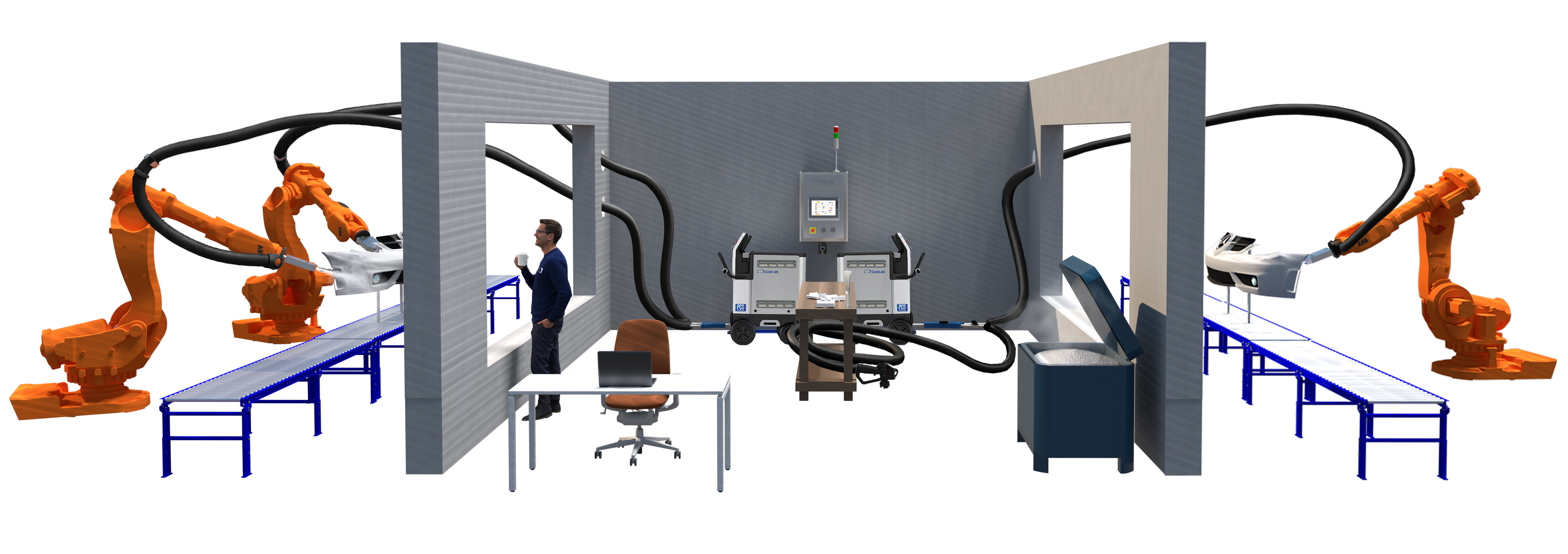 Cold Jet IBS Level 4 Trockeneisstrahlsystem mit zwei Aero2 ULTRAs für teilautomatisierte Hochleistungsreinigung in großen Produktionsanlagen