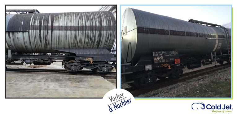 Ein geteiltes Bild zeigt einen stark verschmutzten Kesselwaggon vor (links) und denselben Waggon nach der Reinigung mit Trockeneisstrahlen (rechts) mit sichtbaren Unterschieden in der Sauberkeit.