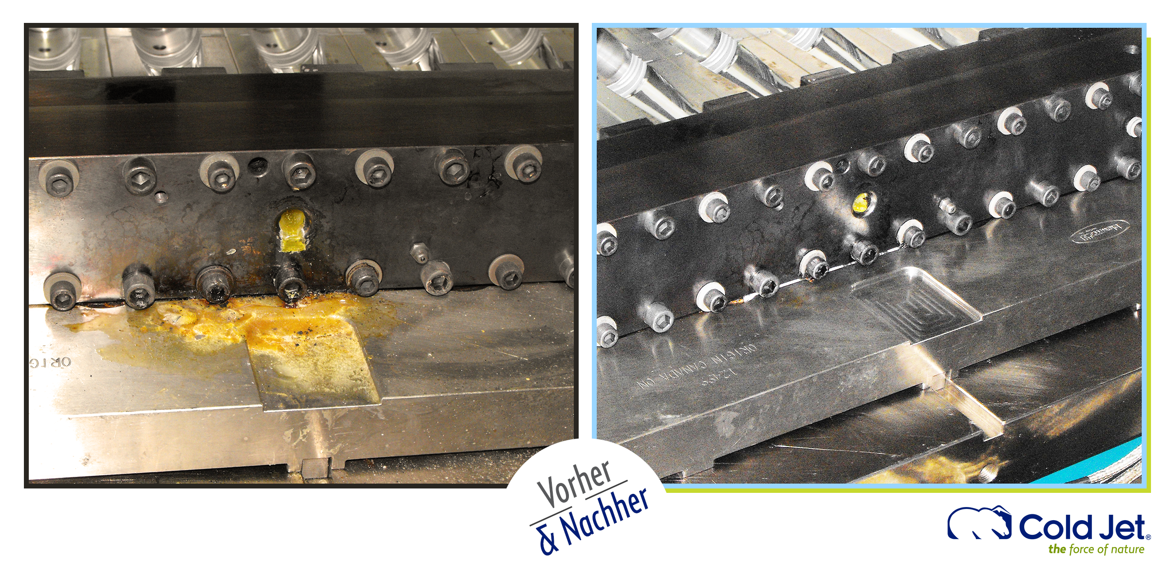 Direkter Vorher-Nachher-Vergleich einer verschmutzten Spritzgießform mit Kunststoffrückständen und einer perfekt gereinigten Formoberfläche nach dem Einsatz von Cold Jet Trockeneisstrahlen bei Silgan Plastics