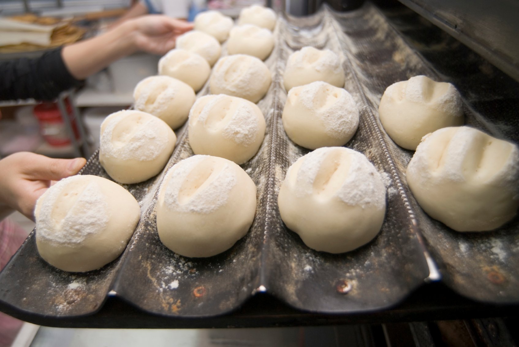 Frisch geformte, bemehlte Brötchenteiglinge liegen auf einem Backblech mit Rillen und werden von einer Bäckerin oder einem Bäcker in den Ofen geschoben.