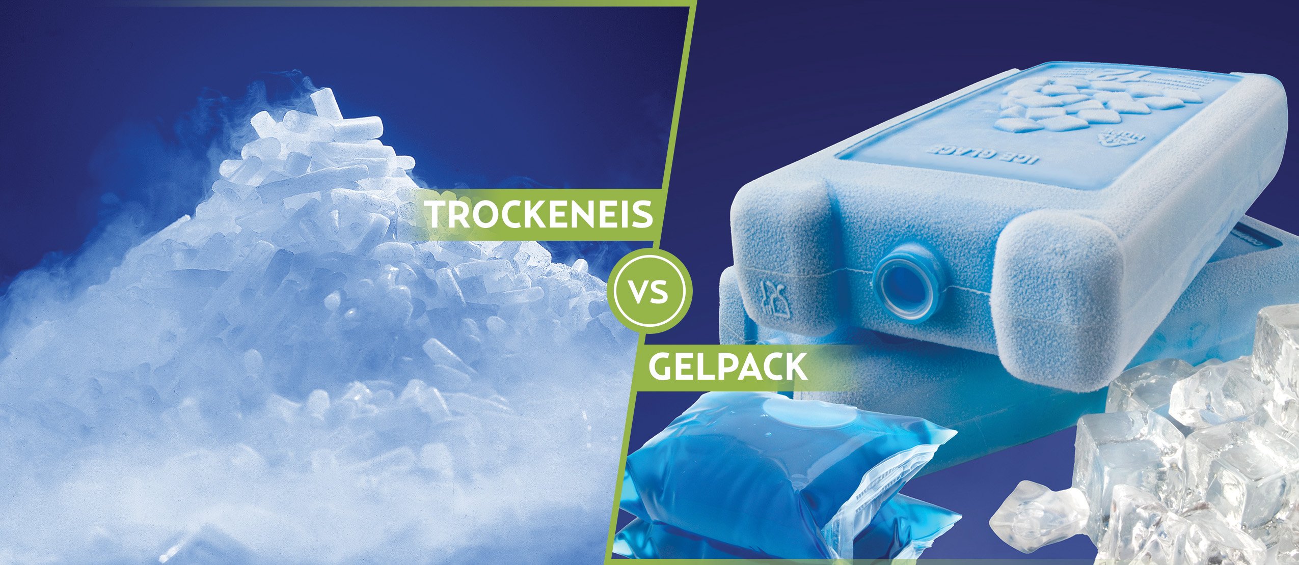 Das Bild ist zweigeteilt und vergleicht Trockeneis mit Gelpacks. Die linke Seite zeigt einen großen Haufen zylindrischer Trockeneispellets, aus dem Dampf aufsteigt. Darüber steht in gelben Buchstaben "TROCKENEIS". Die rechte Seite zeigt einen blauen Kühlakku, eine mit Gel gefüllte blaue Packung und mehrere Eiswürfel. Darüber steht in gelben Buchstaben "GELPACK". In der Mitte, zwischen den beiden Seiten, befindet sich ein gelb umrandeter Kreis mit der Aufschrift "VS".