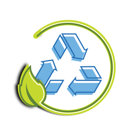 Ein Recycling-Symbol aus drei blauen Pfeilen, kombiniert mit einem grünen Blatt und einer geschwungenen grünen Linie, die das Symbol umschließt. Die Grafik stellt Nachhaltigkeit und umweltfreundliches Recycling dar.