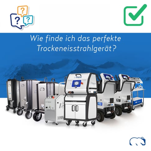 Eine Grafik mit der Überschrift "Wie finde ich das perfekte Trockeneisstrahlgerät?", die eine Auswahl verschiedener Cold Jet Reinigungsmaschinen vor einer Berglandschaft zeigt.