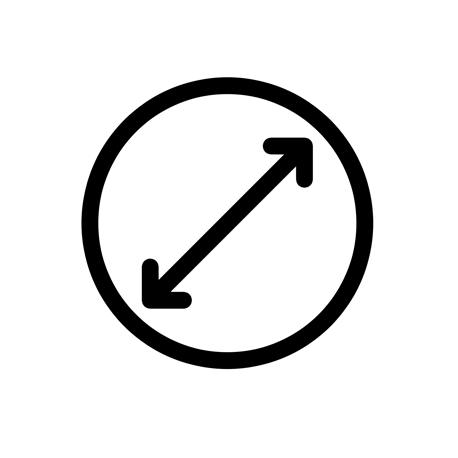 Symbol mit einem schwarzen Kreis und einer diagonalen Doppelpfeil-Linie von der unteren linken Ecke zur oberen rechten Ecke, dargestellt auf weißem Hintergrund. Das Symbol vermittelt möglicherweise Expansion oder Skalierbarkeit.